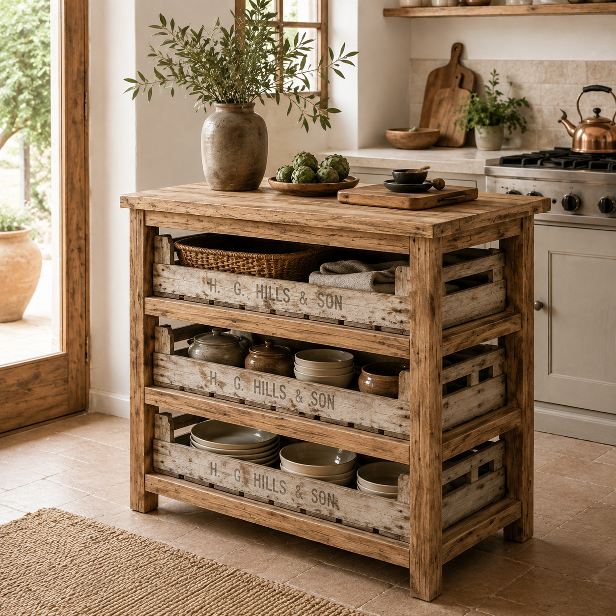 Manaja como isla de cocina rústica de madera maciza